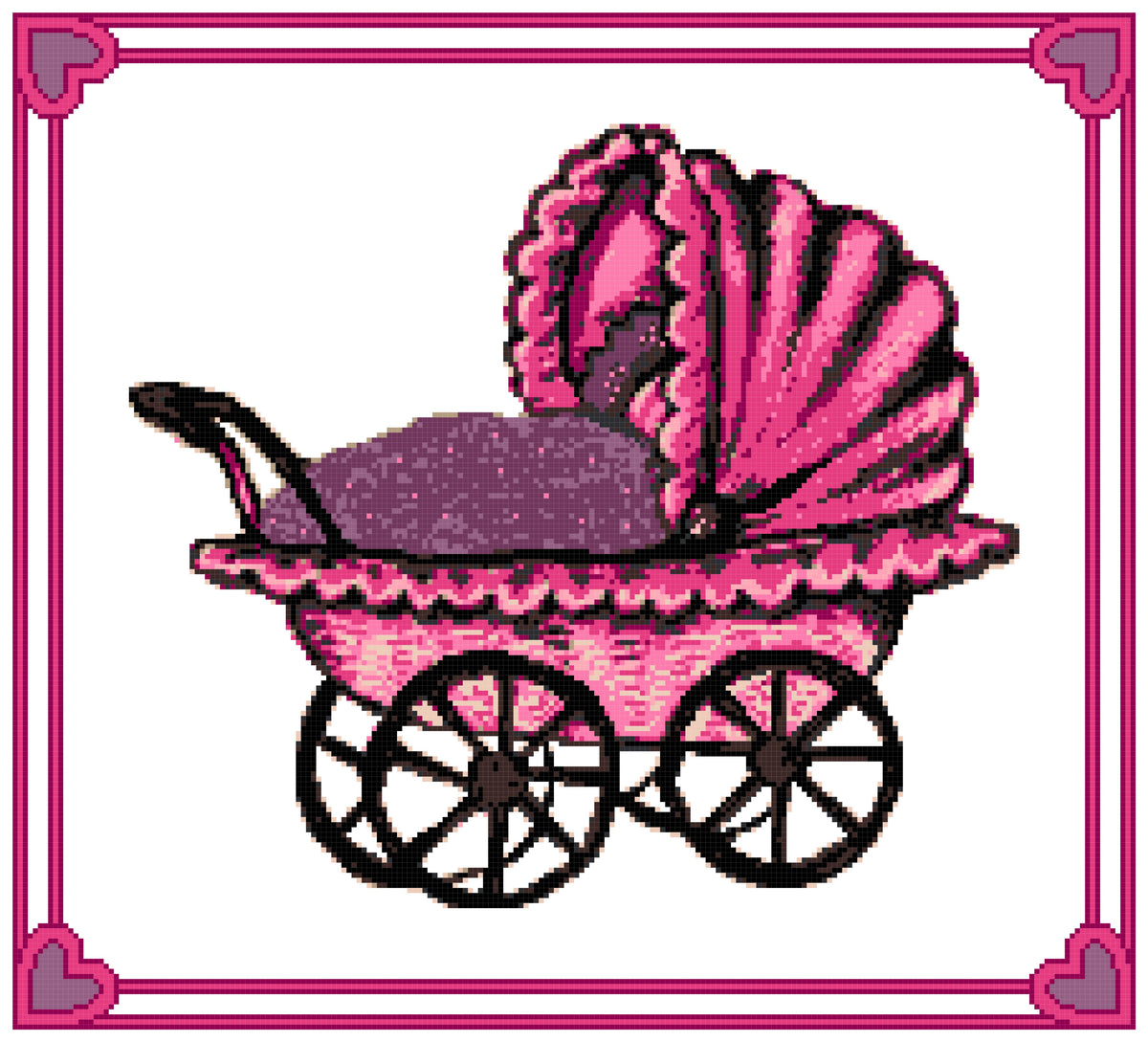 Pink Vintage Baby Pram — 14-Count Cross Stitch Sample