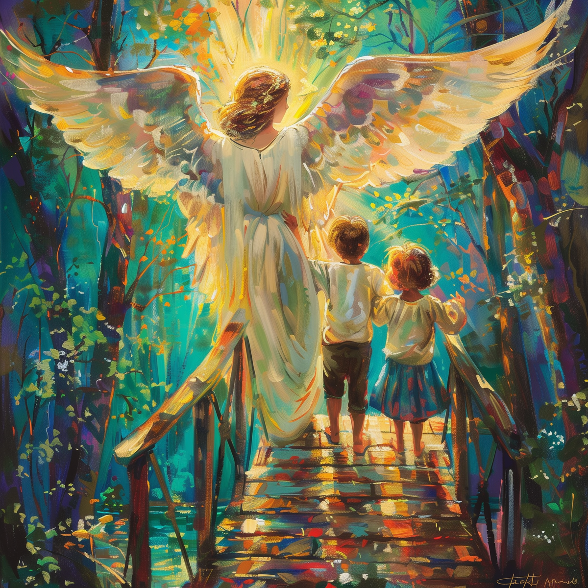 Angel guiding children over bridge in a Forest.