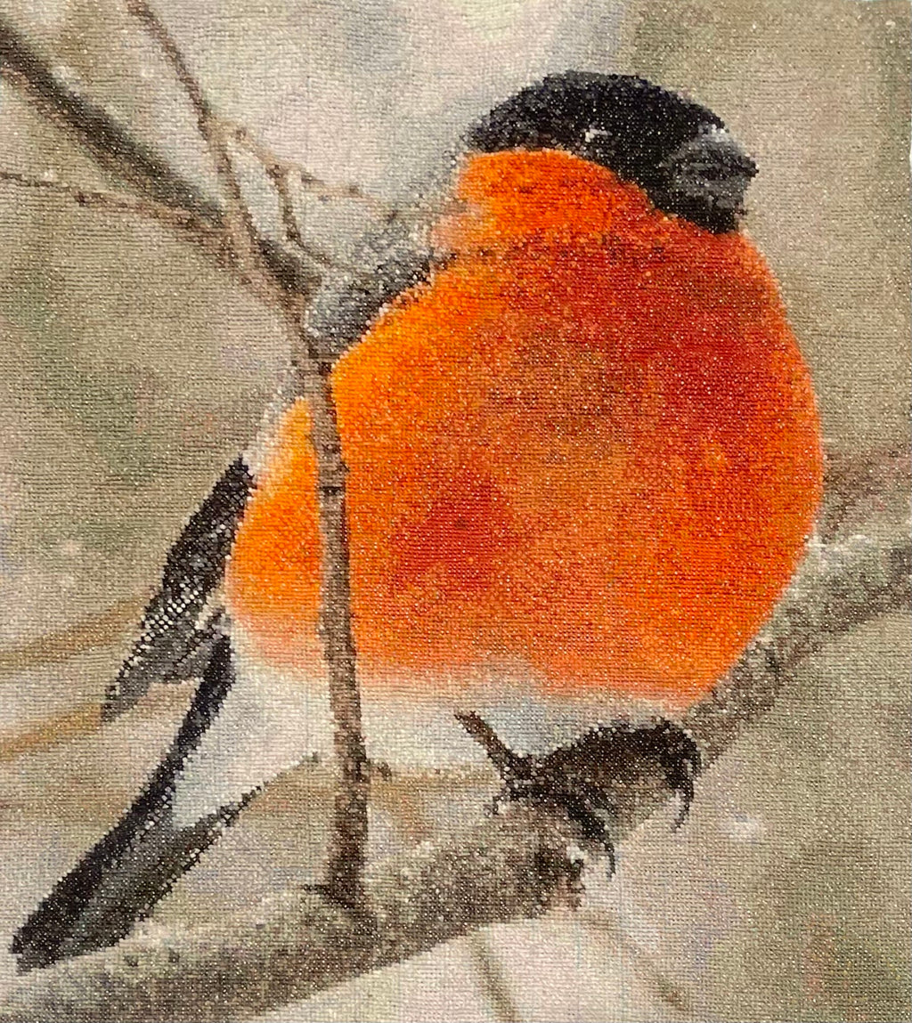 Winter Bullfinch Cross Stitch Project — 18-Count Version