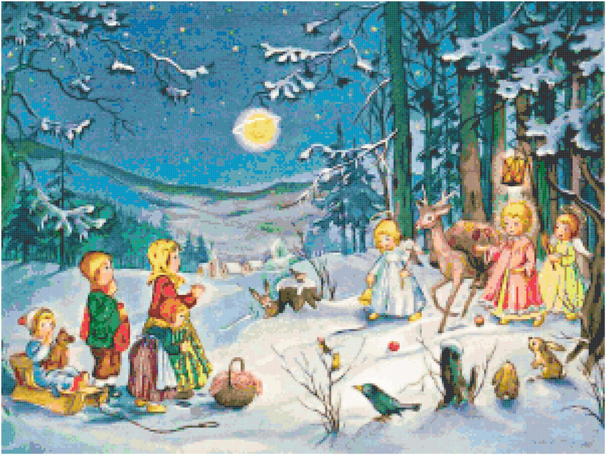 Enchanting 18ct Cross Stitch Pattern – “Julebarn ute” Winter Night Scene
