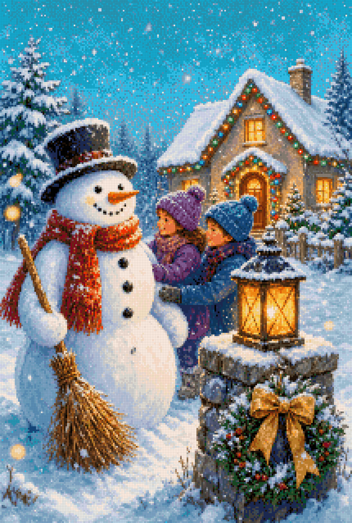 Cozy Winter Evening – Snowman, Children & Christmas Cottage Cross Stitch Pattern