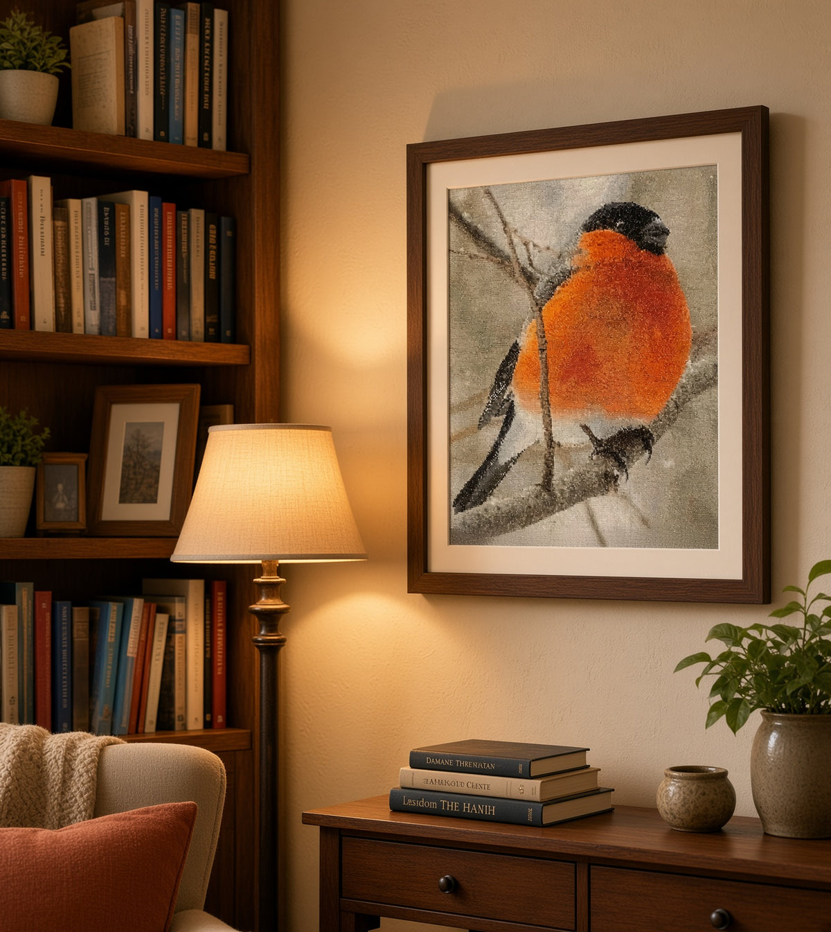 Winter Bullfinch Cross Stitch Project — 18-Count Version